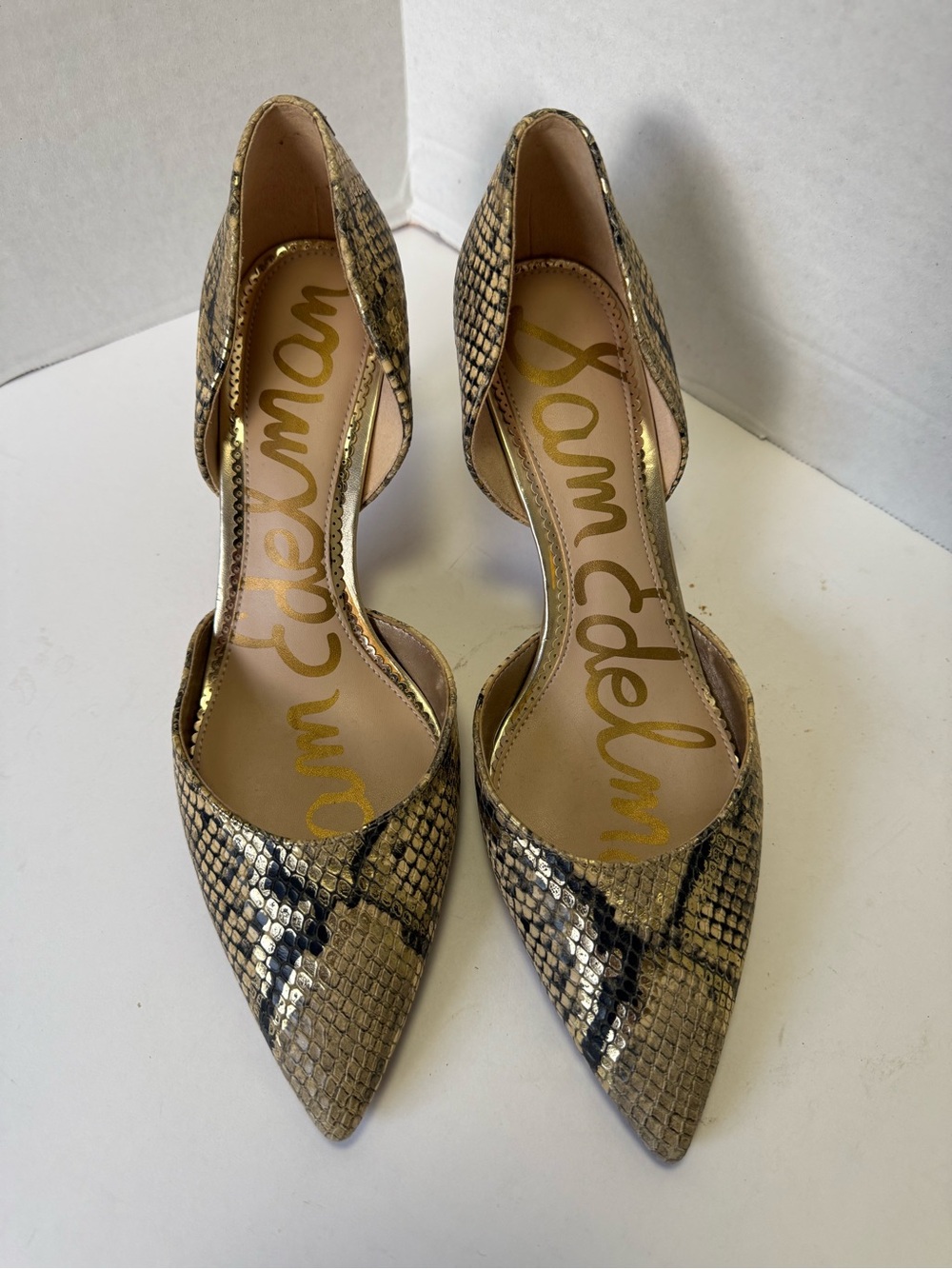 Sam Edelman Snake-Print Pointed D'Orsay Pumps in Beige and Black